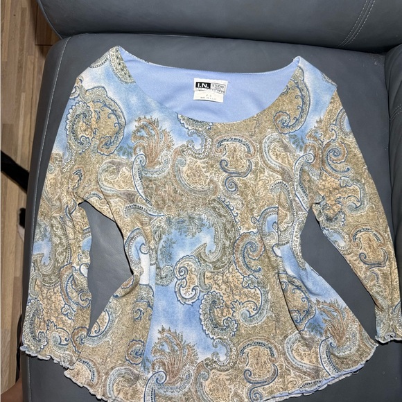 I.N. Studio Blue and Tan Paisley Long Sleeve Top - Picture 2 of 5